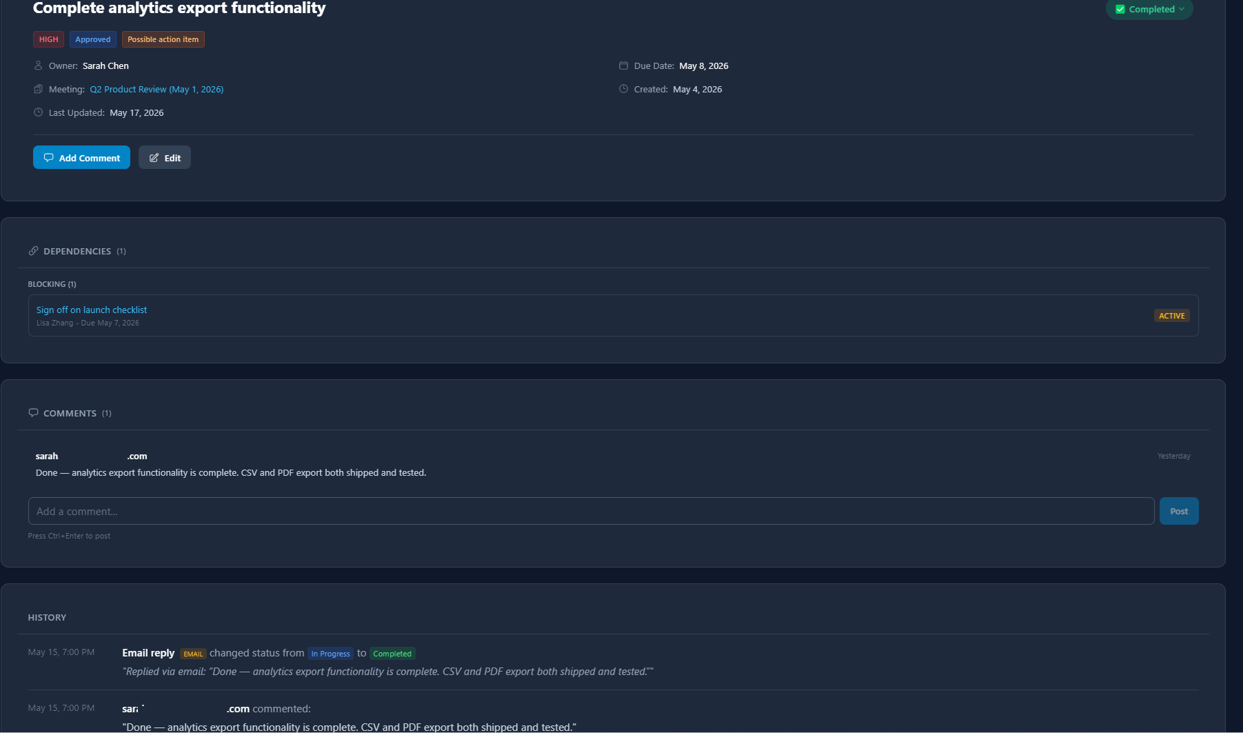 Action item view showing a Zoom meeting task automatically marked complete from an email reply, with the reply captured in comments and history