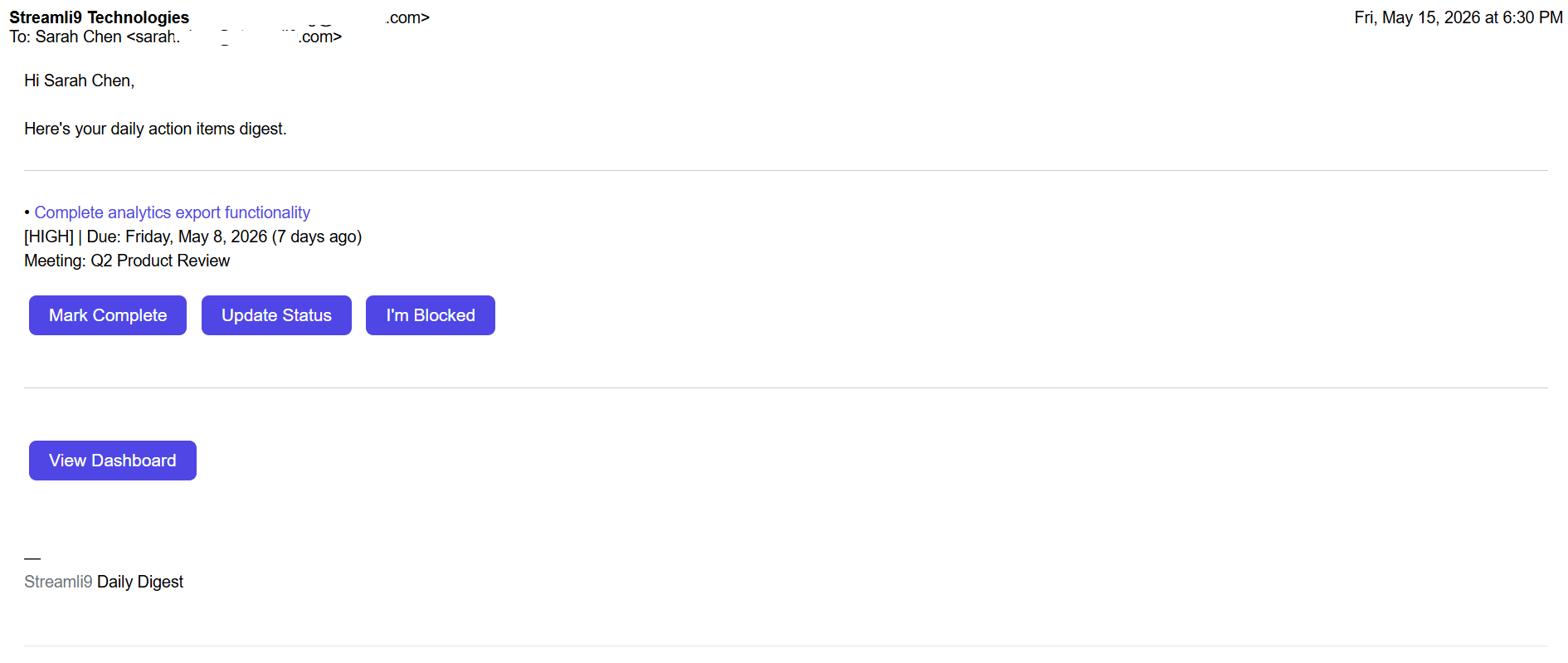 Reminder email sent from the meeting host's own address, listing an overdue Zoom action item with quick action buttons