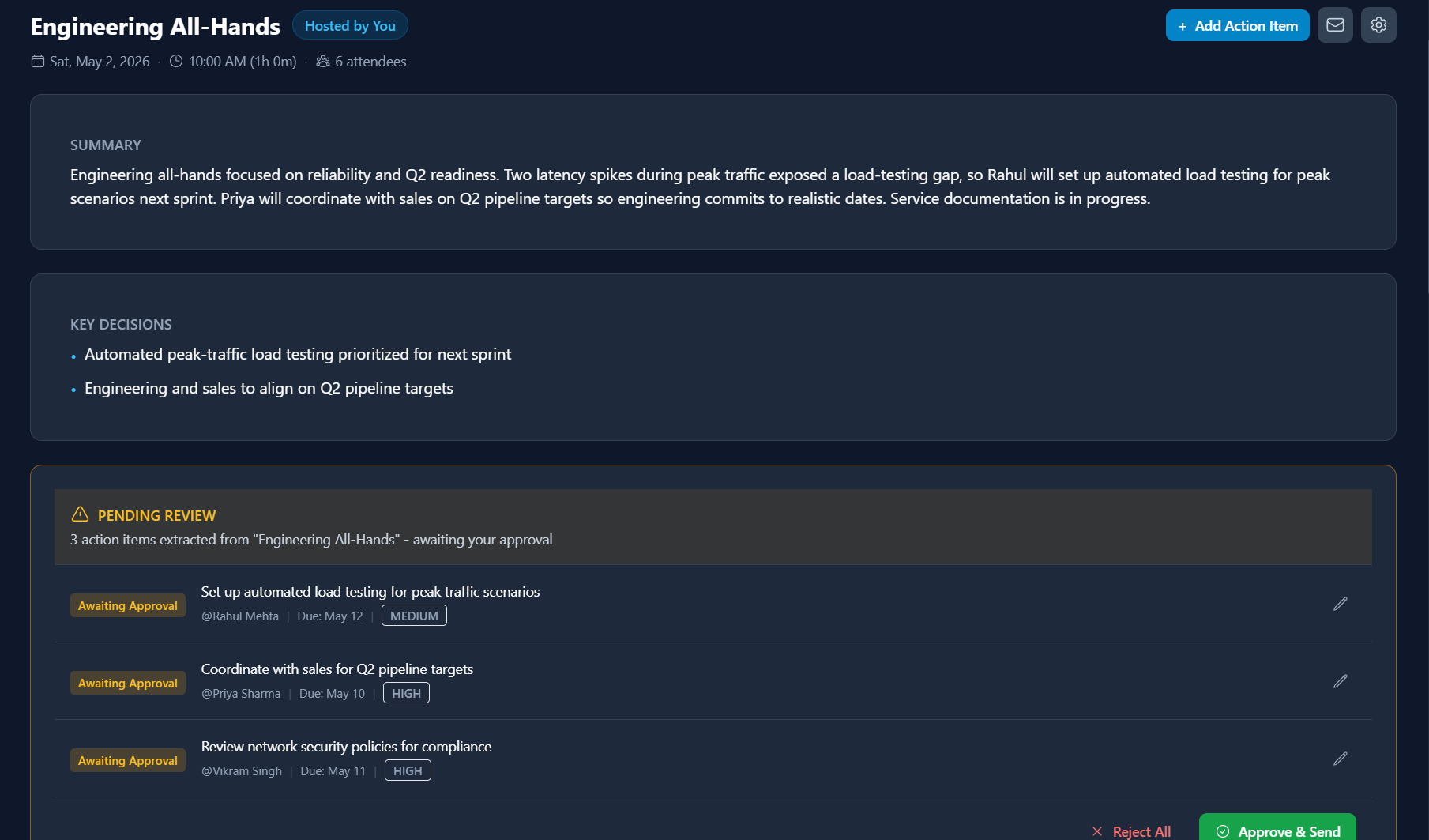 Streamli9 extraction review screen showing action items from a Zoom meeting with owner, due date, and priority for each item