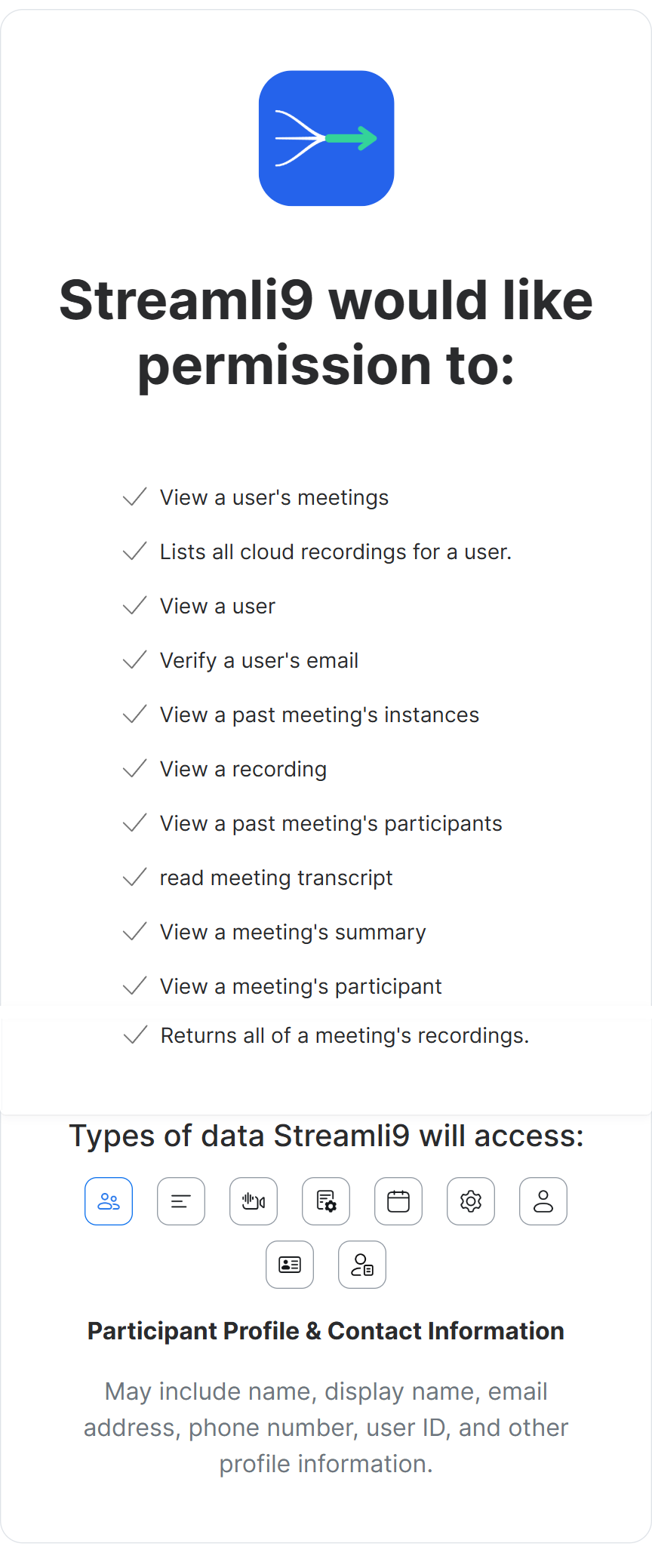 Zoom OAuth consent screen listing the granular, least-privilege scopes Streamli9 requests when you connect your Zoom account